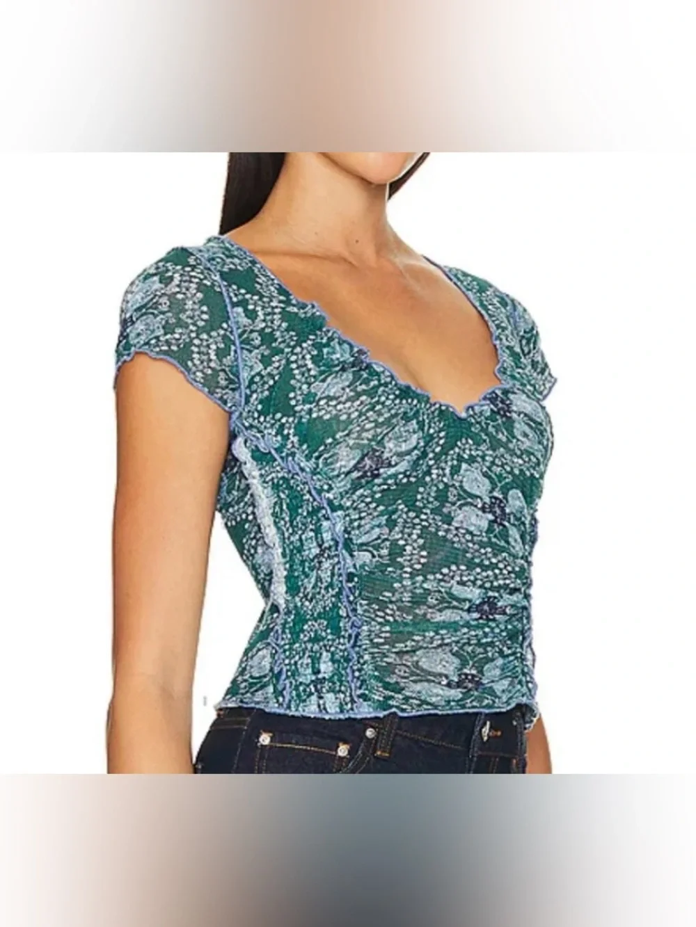 Free People Blue and Green Floral Cotton Mesh Short Sleeve Blouse - Size M NWT